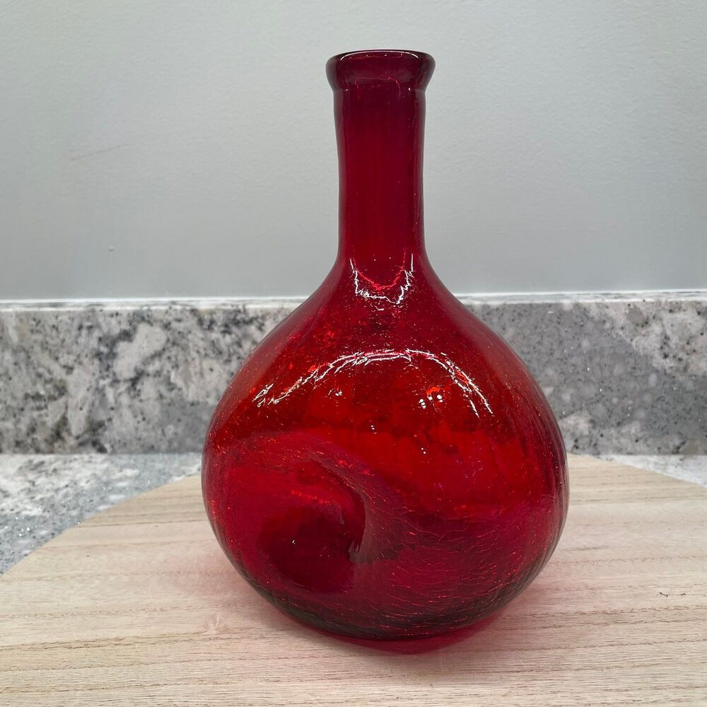 Vintage Pilgrim Ruby Red Crackle Glass Bud Vase MCM Long Neck Hand Blown 8 inch